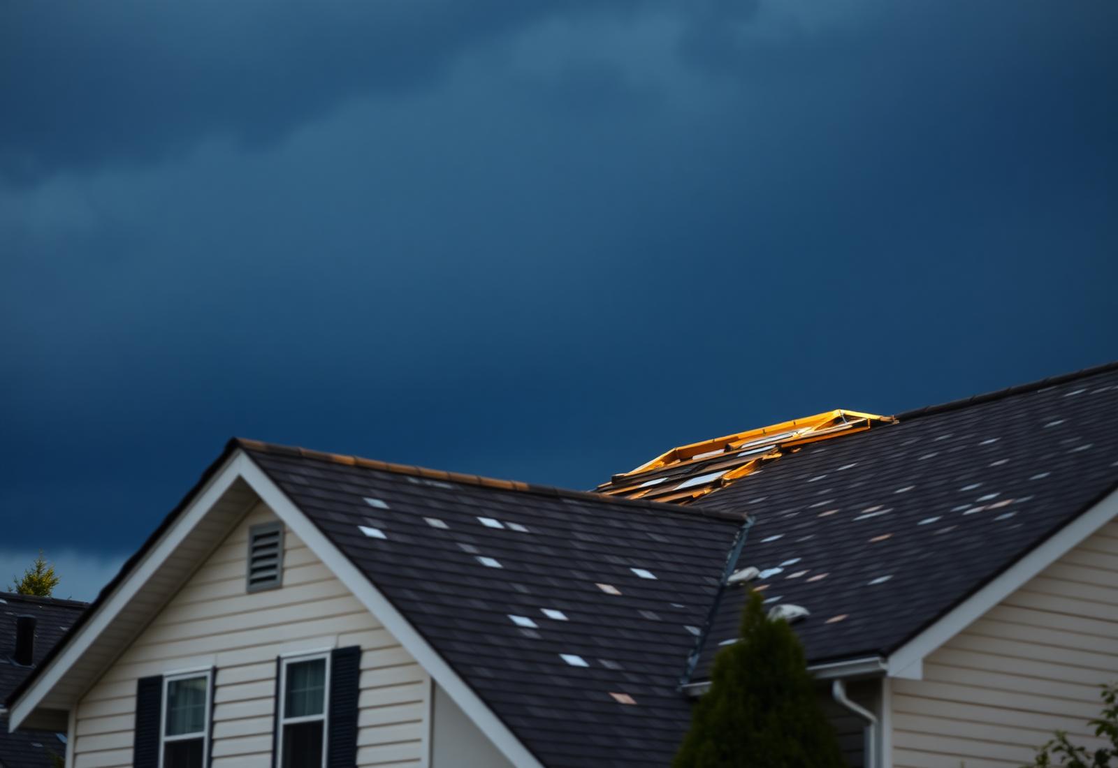 Storm-damaged residential roof under a dark sky